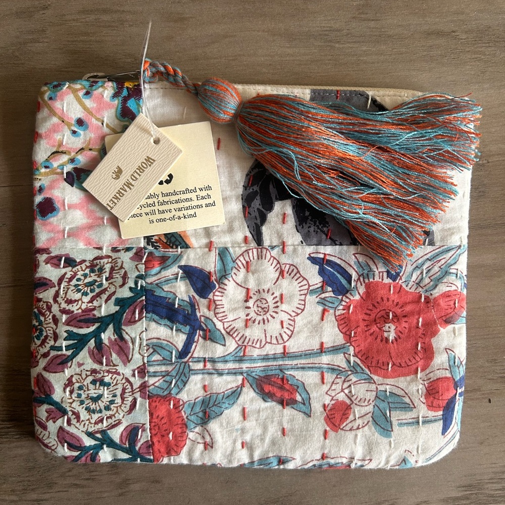 Coral & Teal Floral Quilted Pouch with Tassel NWT